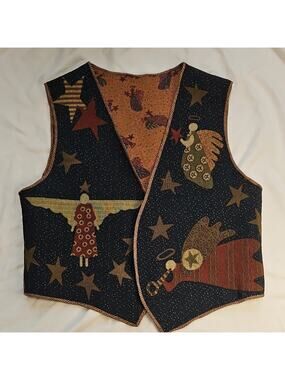 Women's Tapestry Vest Christmas Angel Star Pattern Open Front Handmade Large